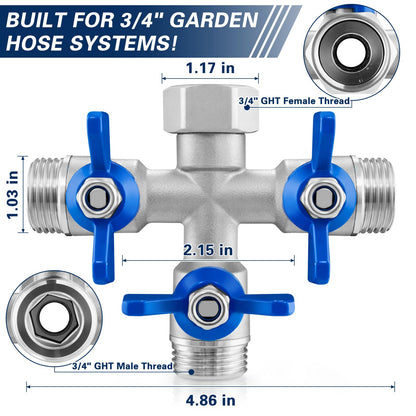 Cekwiet 304 Stainless Steel 3 Way Garden Hose Splitter, Heavy Duty Hose Splitter with 3 Shut-Off Valves, 3/4" GHT Outdoor Faucet Hose Adapter, Full Flow Water Hose Connector