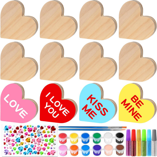 Mother's Day DIY Painting Kit, 12 Pcs Unfinished Wooden Hearts with 12 Color Paints and Brush, Create Your Own Unique Wood Heart Signs, Personalized Gift for Mom, Couples, Him, Her, Shelf Decor