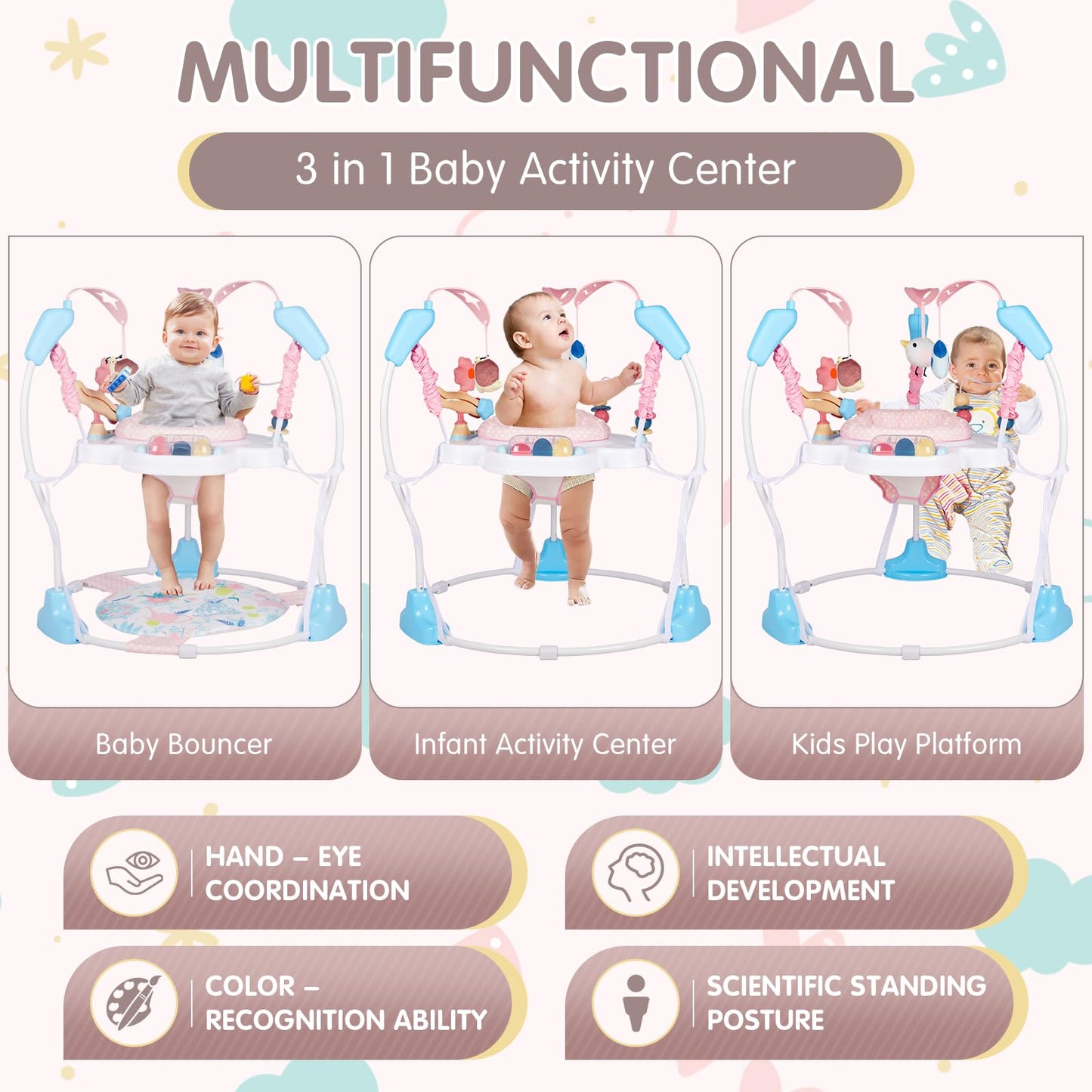 Furmubei Baby Activity Center, 3-in-1 Baby Jumper, Infant Activity Center with 360° Rotating Seat, Music, Lights, 3 Adjustable Heights, Infant Activity Jumper for 6+ Months JP2402