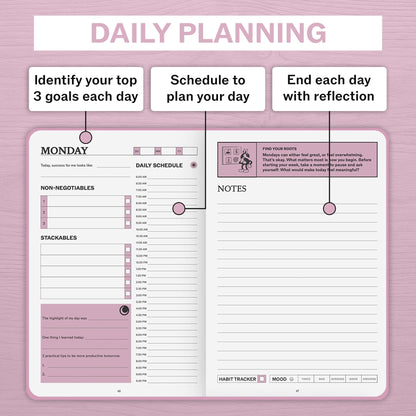 Sprouht Undated Daily Planner | 90 Day Daily & Weekly Productivity Journal with Hourly Schedule, To Do List, Goal Tracker & Habit Tracker | ADHD Planner for Men & Women | Hardcover Agenda (Pink)