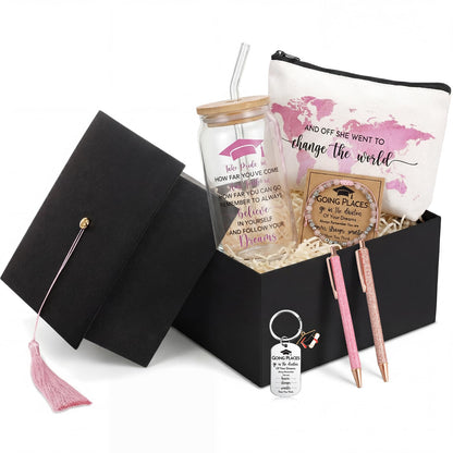 Vesici 8 Pcs Class of 2026 Graduation Gift Box Set for Women Her Grad Cap Box Glass Cup Makeup Bag Bracelet Pen Keychain College High School Graduation Gift for Daughter Sister Friend(Pink)