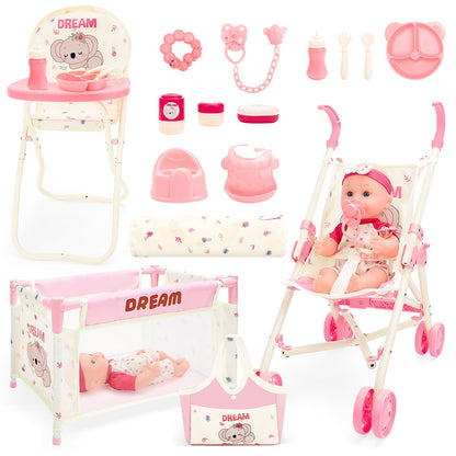 deAO Baby Doll Stroller Toys with 12" Baby Doll Accessories Crib Bed High Chair Nursery Role Play Set Play Mat,Travel Cot,Bouncer,Foldable Stroller,Travel Bag, Birthday Gifts for Toddlers Girls Boys