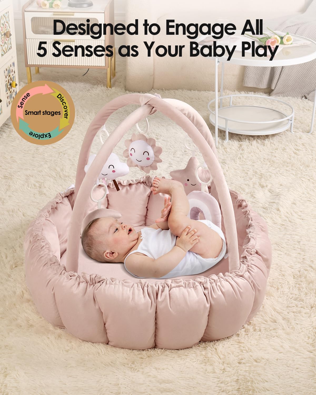 Deekuiwi 5-in-1 Convertible Baby Gym Play Mat with Hanging Toys, Soft Padded Activity Center & Ball Pit, Plush Tummy Time Mat for Newborns to Toddlers, Machine Washable, Pink