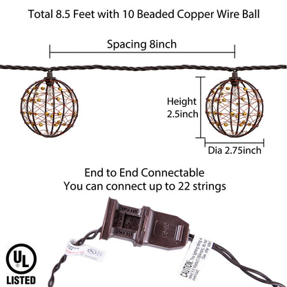 Outdoor Decorative Patio String Lights, Beaded Copper Wire Ball Style Lantern Lights, Connectable Weather-Resistant Indoor Outdoor Novelty Whimsical Light for Home Pergola Bedroom Porch Party Backyard