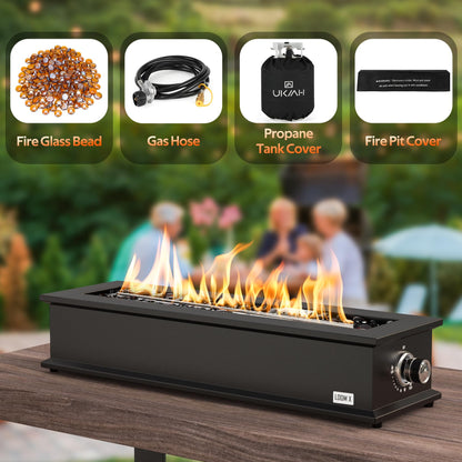 Onlyfire Loom X Propane Fire Pit Table with Stainless Steel Burner and Decorative Fire Glass Beads - 28 Inch Rectangular Tabletop Gas Fireplace (Side Connected)