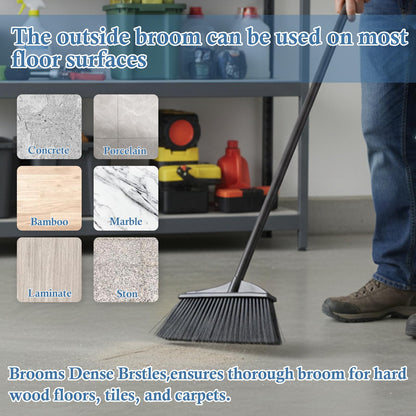 Primero Basics Black Broom for Floor Cleaning, 35" Heavy Duty Iron Handle Angled Broom with Stiff Bristles, Manual Sweeper for Kitchen, Apartment, RV, Small Spaces, Indoor Outdoor Use, 2 Pack