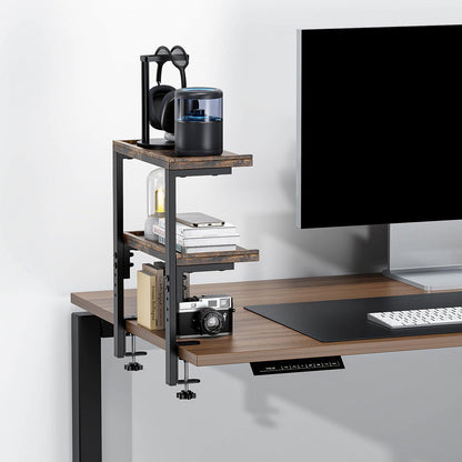 OUTIOE 2-Tier Desk Shelf, Expandable Under Desk Storage, Clamp on Desk Shelf, Desktop Accessories for Offices, Study Rooms, and Game Rooms (Wood)