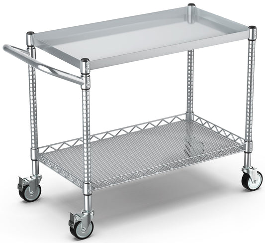 Leteuke 2 Tier Utility Tool Cart with Wheels, Heavy Duty Rolling Utility Carts with Handle, Commercial Grade Metal Serving Storage Cart for Warehouse Garage Kitchen, 25" D x 38.98" W x 40" H-Silver