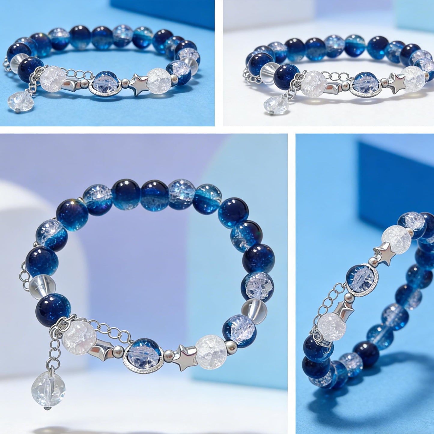 VIEKYBUTTY Blue Moon Starry Sky Beaded Bracelet - Silver Space Crystal Whimsical Gemstone Bracelet for Women