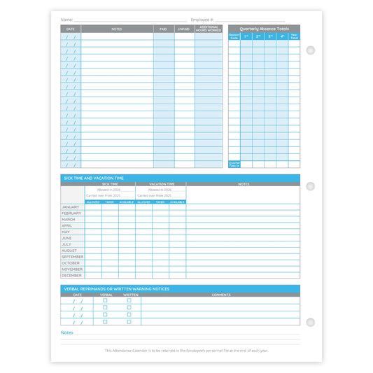 Blue Summit Supplies 50 Sheet Attendance Calendar, Employee 2026 Attendance Sheets for 3 Hole Binder, Convenient Tracker for Employee Attendance Record, Time Off, and Tardiness, 50 Pack