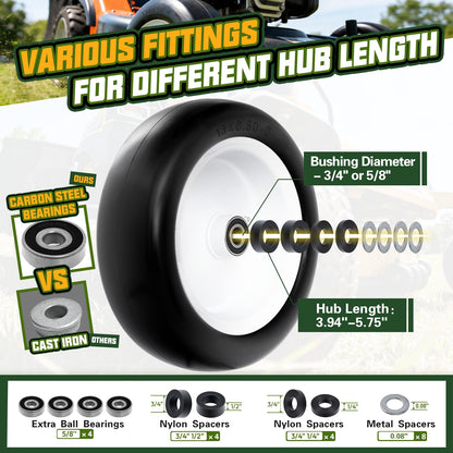 QILINGLORY 13x6.50-6 Flat Free Lawn Mower Tires and Wheel with 3/4" bearing bore Flat-Free, with 5/8” Bearings & Spacers, Fits Riding Mower, Zero Turn, Garden Tractor, 500 lbs Capacity, 2-Pack