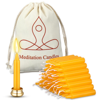 Threlaco 52 Pcs 30 Minute Mindful Meditation Candle Bulk Mini Taper Chime Candles Ritual with Brass Taper Holder Canvas Bag Prayer Gift for Yoga Relaxation Spiritual Reflection (Classic Color)