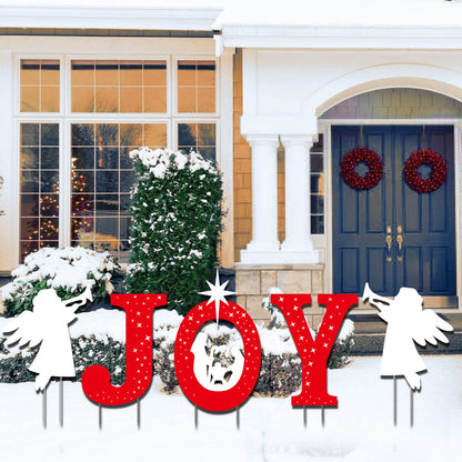 Outdoor Christmas Decorations -Joy Nativity Sets for Christmas Outdoor Xmas Nativity Lawn Religious Scenes Yard Decor with Stake for Home Lawn Pathway Walkway, Red, White