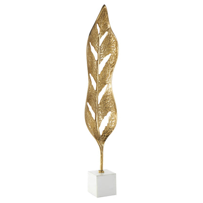 Deco 79 Aluminum Metal Leaf Decorative Sculpture Tall Textured Cutout Home Decor Statue with White Marble Base, Accent Figurine 7" x 4" x 35", Gold