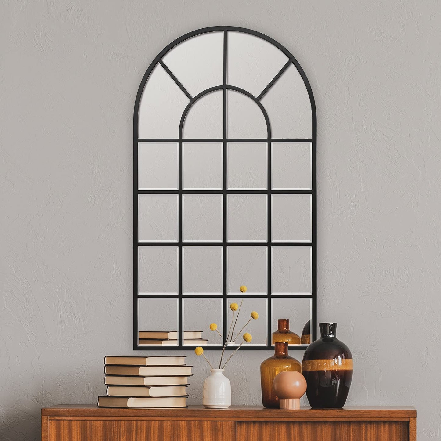 GIFTTROVE Black Arched Window Mirror, Large Window Pane Mirror with Beveled, Metal Framed Windowpane Mirrors, 28.5" X 50" Arched Wall Mirrors for Wall Decor, Entryway, Living Room