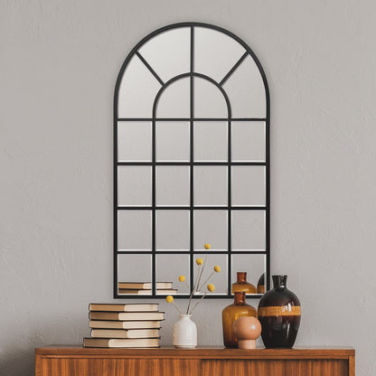 GIFTTROVE Black Arched Window Mirror, Large Window Pane Mirror with Beveled, Metal Framed Windowpane Mirrors, 28.5" X 50" Arched Wall Mirrors for Wall Decor, Entryway, Living Room