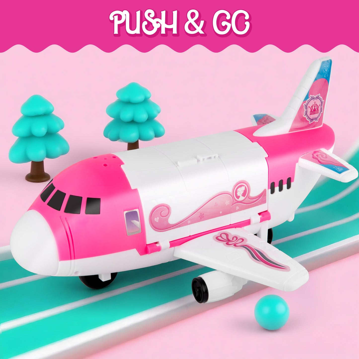 XDUOYJOY Pink Airplane Toy for Kids, Plane Toys with Dolls, Furniture and Accessories for Boys Girls Birthday, Toy Aircraft Push and Go Action, Easy to Store