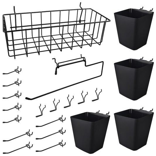 G.CORE Peg Board Organizer 21 Pack, Pegboard Accessories with Baskets Cups Hooks - 1/8" & 1/4" Peg Board Wall Tool Organizers, Utility Holders & Hangers for Garage Craft Workbench (Black & Black)