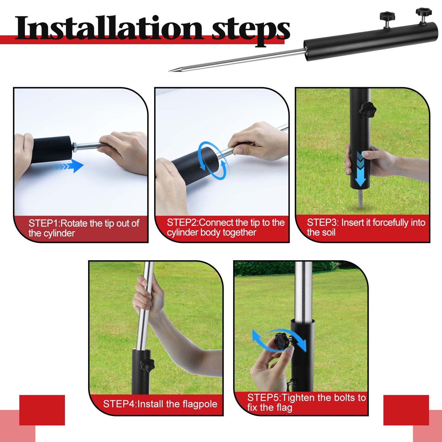 Wenfan Ground Mount for Portable Flagpole, Flag Poles for Outside House, 12 Inch Flag Spike with 12" Extended Tip Adjustable Inground Flagpole Ground Stake 1.65" Dia Beach Flagpole Holder, Black