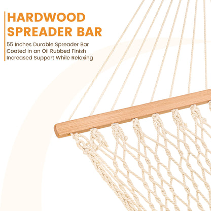 Lazy Daze Hammocks Double Rope Hammock, 2 Person Traditional Outdoor Hand Woven Cotton Rope Hammock with Spreader Bar, Carabiners, Tree Straps, Chains for Patio Yard - Max 450 Lbs, Natural