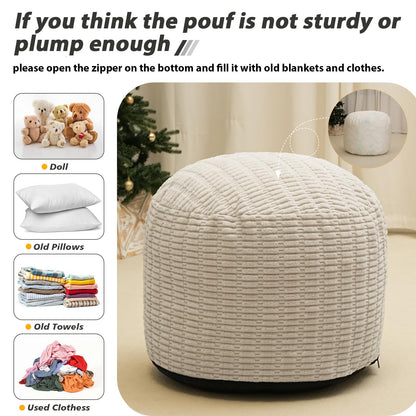 Round Stuffed Pouf Ottoman for Foot Rest, Storage Ottoman Pouf Foot Stool Cushion, Faux Fur Poufs with Foam Chunk Filling, 26 X 18 Inch Floor Chair for Living Room Bedroom Home Decor, Beige