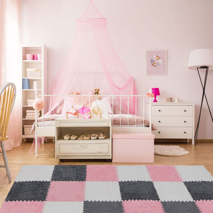 Amylove 18 Pcs Plush Foam Floor Mat Square Interlocking Carpet Tiles with Border Fluffy Play Mat Floor Tiles Soft Climbing Area Rugs for Home Playroom, 12 x 12 x 0.4 in(White, Pink, Gray)