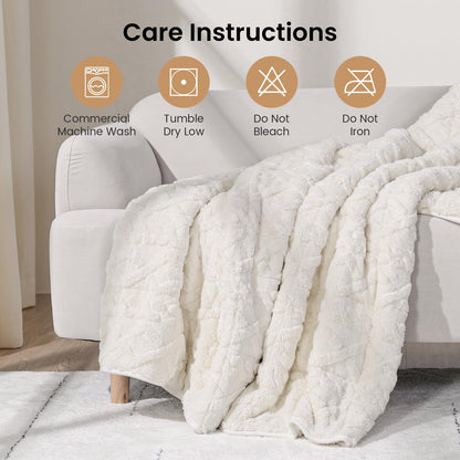 Drewin Weighted Blanket 15lbs Queen Size, Soft and Thick Jacquard Sherpa Heavy Blanket for Calming and Relax, Dual Sided Ultra Soft Fuzzy Throw Blanket with Ceramic Beads, 60 x 80 inches, Cream White