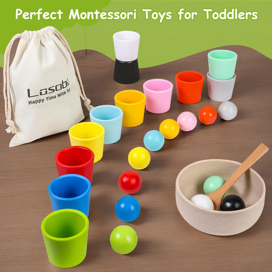 Lasoba Rainbow Balls in Cups Toddler Montessori Toys - Color Sorting Toys for Toddlers for 3 Year Old Up, Learning Color Sorting and Counting, Kids Preschool Wooden Matching Games (12 Balls, 1.4 in)