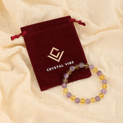Crystal Vibe Citrine and Amethyst Crystal Bracelet for Birthday - 8mm Beaded Bracelet for Spirituality and Success - Healing Chakra Gifts for Women - Elastic Adjustable Size