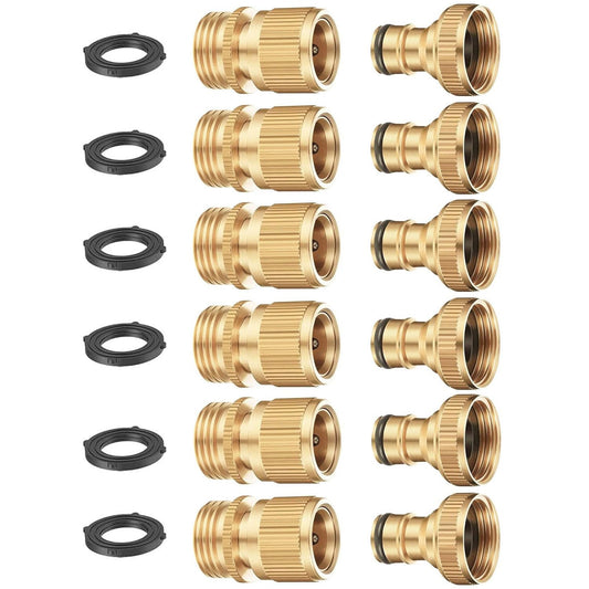 BoArt Garden Hose Quick Connector Set, Solid Brass 3/4 Inch Water Fitings Thread Easy Connect No-Leak Male Female 6 Sets