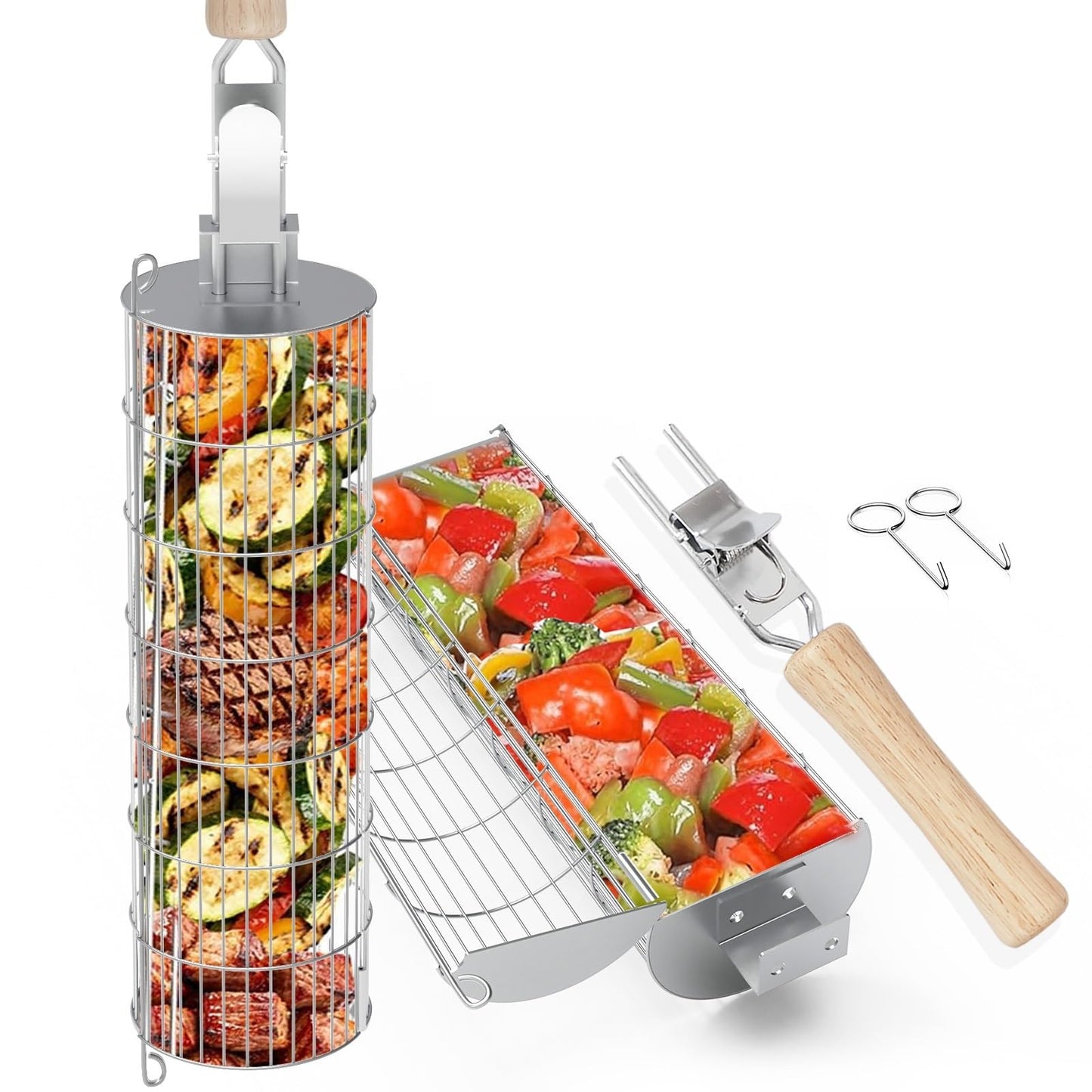 2-Pack Rolling Grill Basket with Detachable Handle, Upgraded Easy-Open Vegetable Grill Basket Set, 304 Stainless Steel BBQ Grilling Basket for Outdoor Grill Veggies, Fish, Meat- Gift for Men/ Dad/ Husband