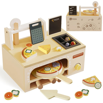 Wooden Pizza Toy Playset for Kids Ages 3–5, Montessori Pretend Play Food & Wooden Kitchen Playset with Easy Bake Oven, Slice & Serve Pizza Maker Toy, Educational Cooking Gift for Boys and Girls