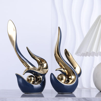 XMGZQ Mid Century Modern Abstract Art Home Decor Accent,Porcelain Statues for Living Room Coffee Table Centerpieces for Dining Room,Ceramic Sculptures and Gold Knick Knacks for TV Stand Decor (Blue)