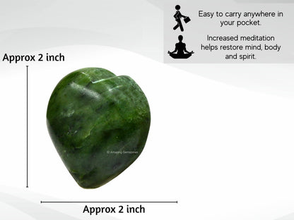 Amazing Gemstone Nephrite Green Jade Crystal Heart Palm Stone - Pocket Massage Worry Stone for Natural Body Chakra Balancing, Reiki Healing and Crystal Grid