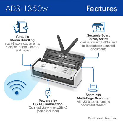 Brother ADS-1350W Wireless Compact Desktop Scanner | Scan Speeds of Up to 30ppm | Single Pass Double-Sided Scanning