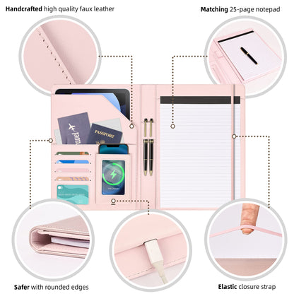 Leather Portfolio Organizer Women Clipboard with Storage Pink Clip Board for Notepad,Phone,Cards