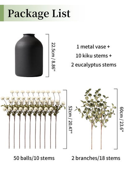 BLOSMON Fake Flowers in Vase for Centerpieces: Metal Vase with 12 Stems of Artificial Mums Kiku Flowers Eucalyptuses Home Table Decor - White Faux Pom Poms Floral Arrangements for Living Room