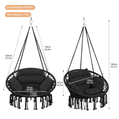 Goutime Hammock Chair with Hanging Hardware Kit and Back Cushions,Macrame Boho Swing Chairs for Indoor,Outdoor,Bedroom,Patio (Black)