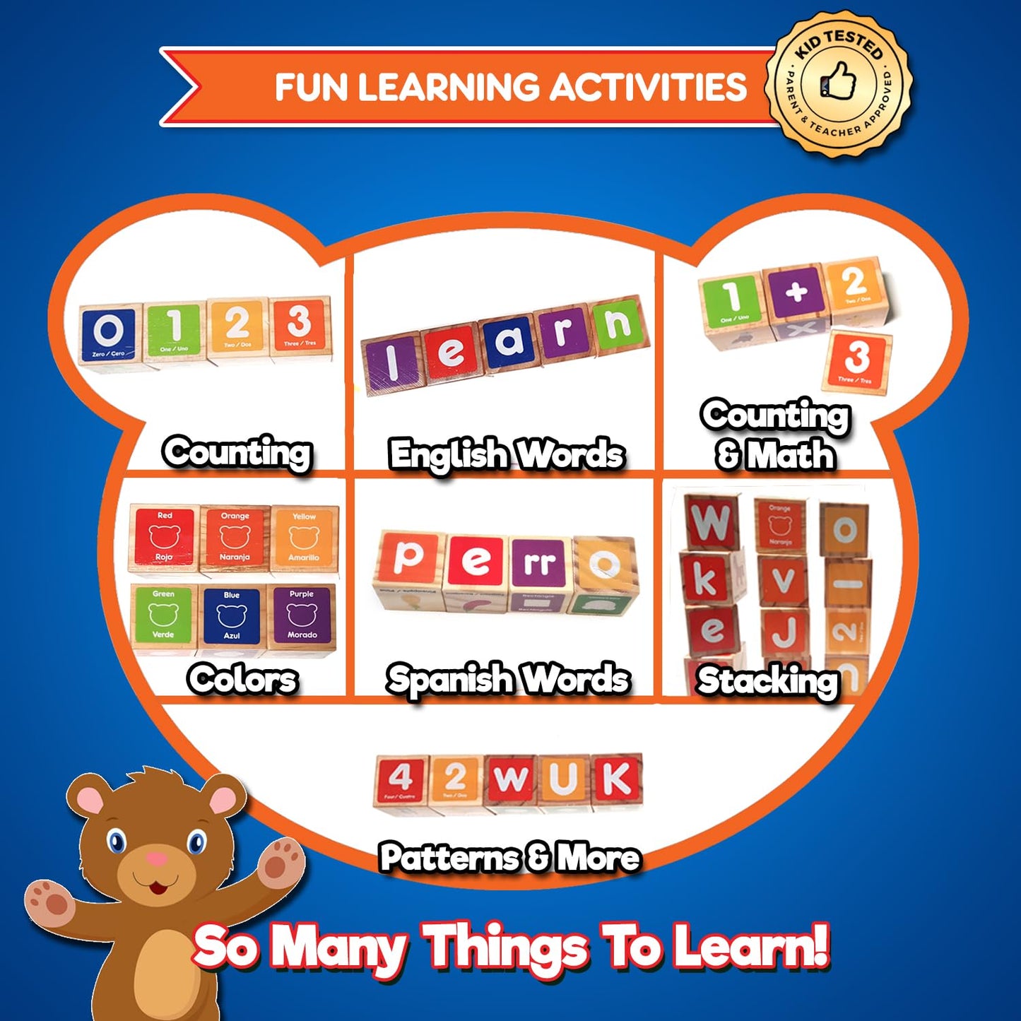 KIDS KORNER Alphabet Blocks Toys for Toddlers - Bilingual Educational Toys, Spanish Learning Toys, Stacking Toys with 30 Wooden Blocks and Toddler Learning Activities eBook