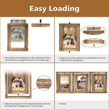 Emfogo 4x6 Picture Frame Rustic Wood Hinged Folding Triple Picture Frames Collage, Double-Sided Display Rotatable High Definition Glass Photo Frame for Home TableTop(Carbonized Black)
