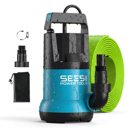 SEESII 1HP Submersible Water Pump, 4755GPH High Flow Sump Pump with 23ft Hose Kit, Anti-Clogging Filter Net for Swimming Pool Hot Tub Pond Basement Rooftop Garden Water Removal
