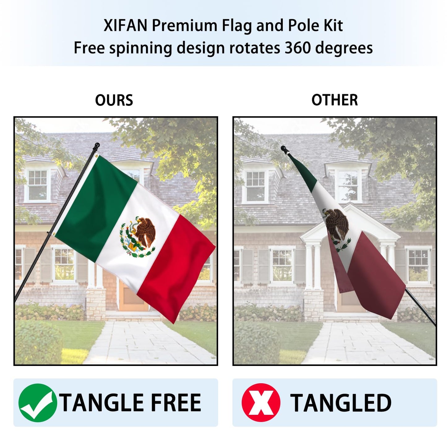 Mexico Flag with Poles for Outside House, 6ft Aluminum No Tangle Spinning Flag Pole, 180° Multi- Position Mounting Bracket, 3x5 ft Nylon Mexican Flag, Wind Resistant Rust Free Kit (Black)