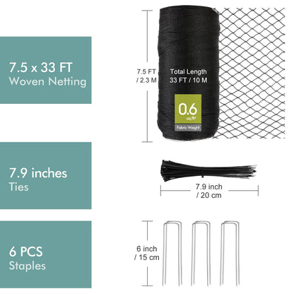 Bird Netting for Garden, Fetanten 7.5 x 33 FT Netting for Garden Protection Vegetables Fruit Trees Blueberry from Birds Deer Poultry, Heavy Duty Woven Mesh Net Animal Fencing with Ties and Staples