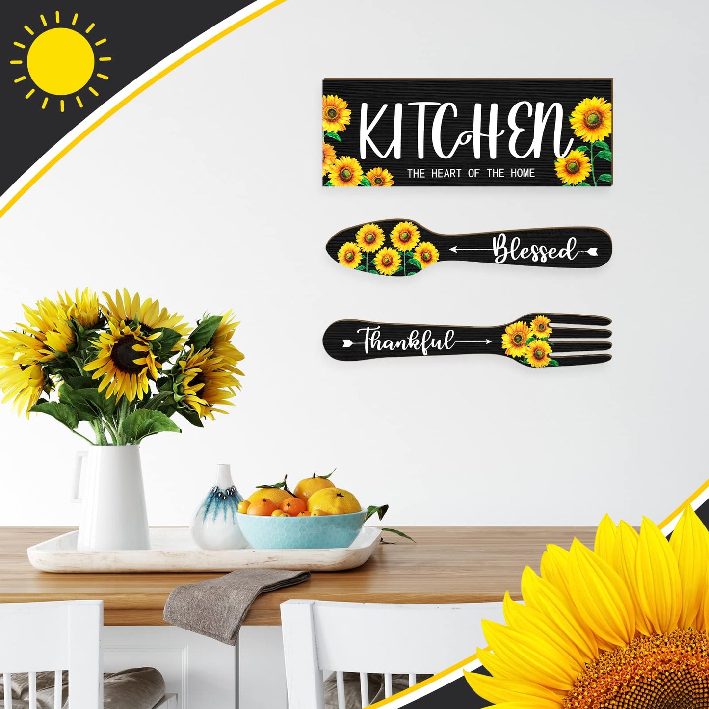 Yerliker 3 Pieces Sunflower Kitchen Decor Hello Summer Blessed Thankful Wooden Hanging Eat Signs Fork and Spoon Summer Farmhouse Wall Art Decor for Kitchen Home (Black, 13.78 x 5.12 Inch)