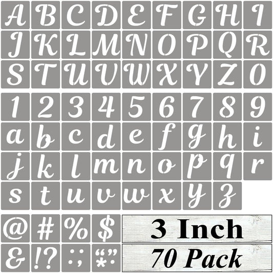 REOLAN 3 Inch Letter Stencils for Painting - 70 Pack Alphabet Letter and Number Stencil Templates with Signs for Painting, Reusable Cursive Alphabet Stencils for Chalkboard Wood Crafts & Wall Decor