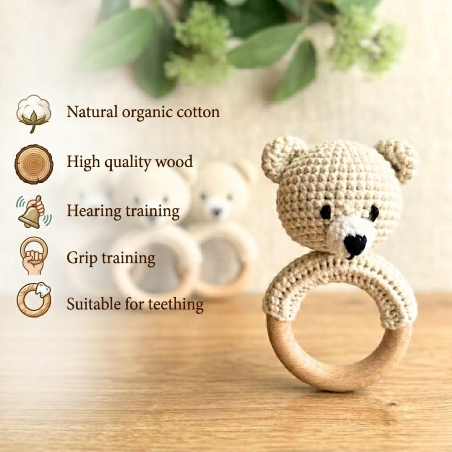 Organic Crochet Bear Baby Rattle Toy - Handmade Newborn Gift Set with Teether & Pacifier Holder - BPA-Free Organic Cotton New Baby Gift - Infant Sensory Toy for Girls Boys 0-12 Months