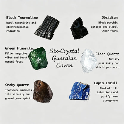 Crystal for Guardian Coven, Natural Raw Crystals 1.2-2″Set of 6 Black Tourmaline, Obsidian et. Protection Stones for Negativity Repel, Aura Shield & Home Purification