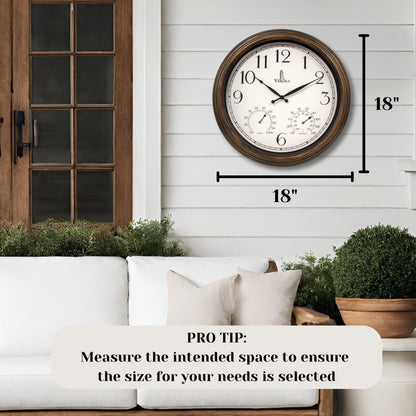 Outdoor Clocks for Patio Large Waterproof with Thermometer - 18 inch Indoor Outdoor Wall Clock with Temperature and Humidity Combo - Weatherproof, Accurate & Easy to Read for Pool, Garden & Home Decor