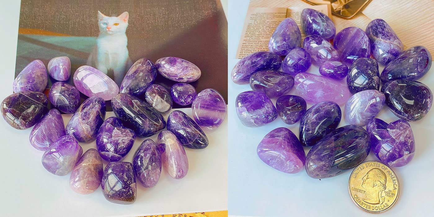 QINJIEJIE 0.9 LBS Amethyst Polished Stones Tumbled Crystals Bulk Gemstones 0.6-1" Irregular Stone Natural Reiki Healing Crystal for Plants Succulents Vase Filler Decoration Energy Witchcraft Gifts