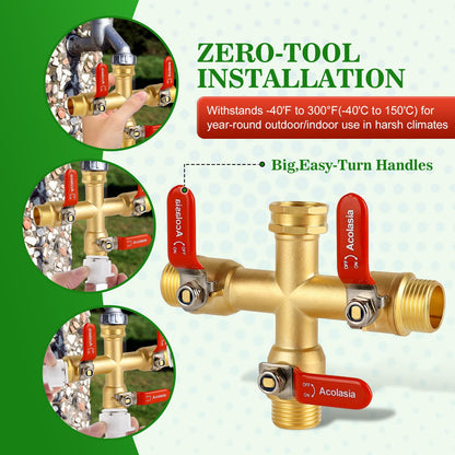 Hose Splitter 3 Way Heavy Duty Brass Garden Hose Splitter with 304 Stainless Steel Long Handle Outdoor Full Flow Hose Splitter Connector, 3/4" GHT Thread